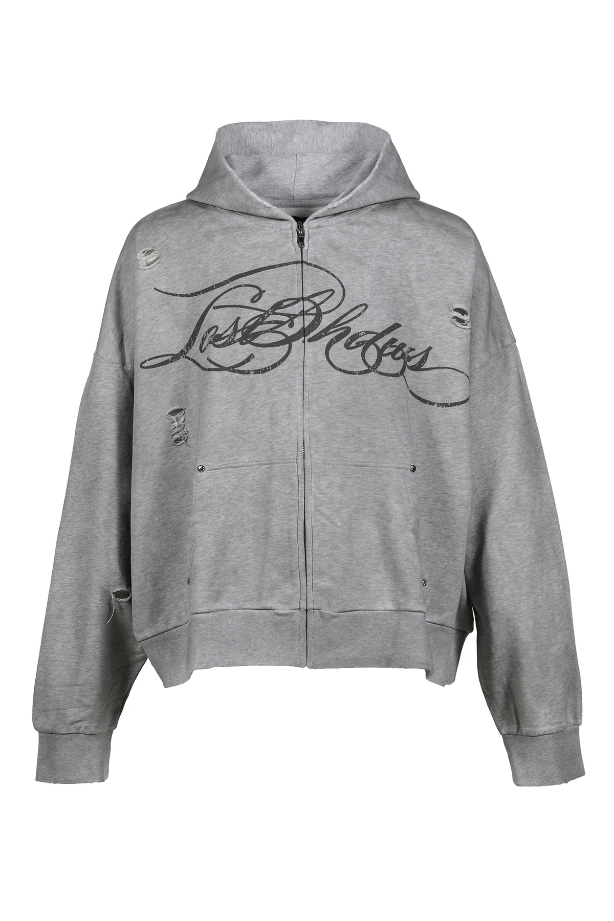 LostShdws Distressed Script Zip-Up Hoodie Grey
