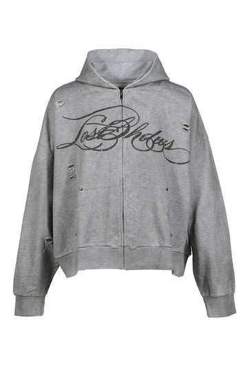 LostShdws Distressed Script Zip-Up Hoodie Grey