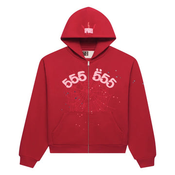 Sp5der Angel Number Zip Up Hoodie Red Pink