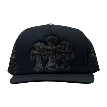 Chrome Hearts Leather Cemetery Cross Patch Trucker Hat Black