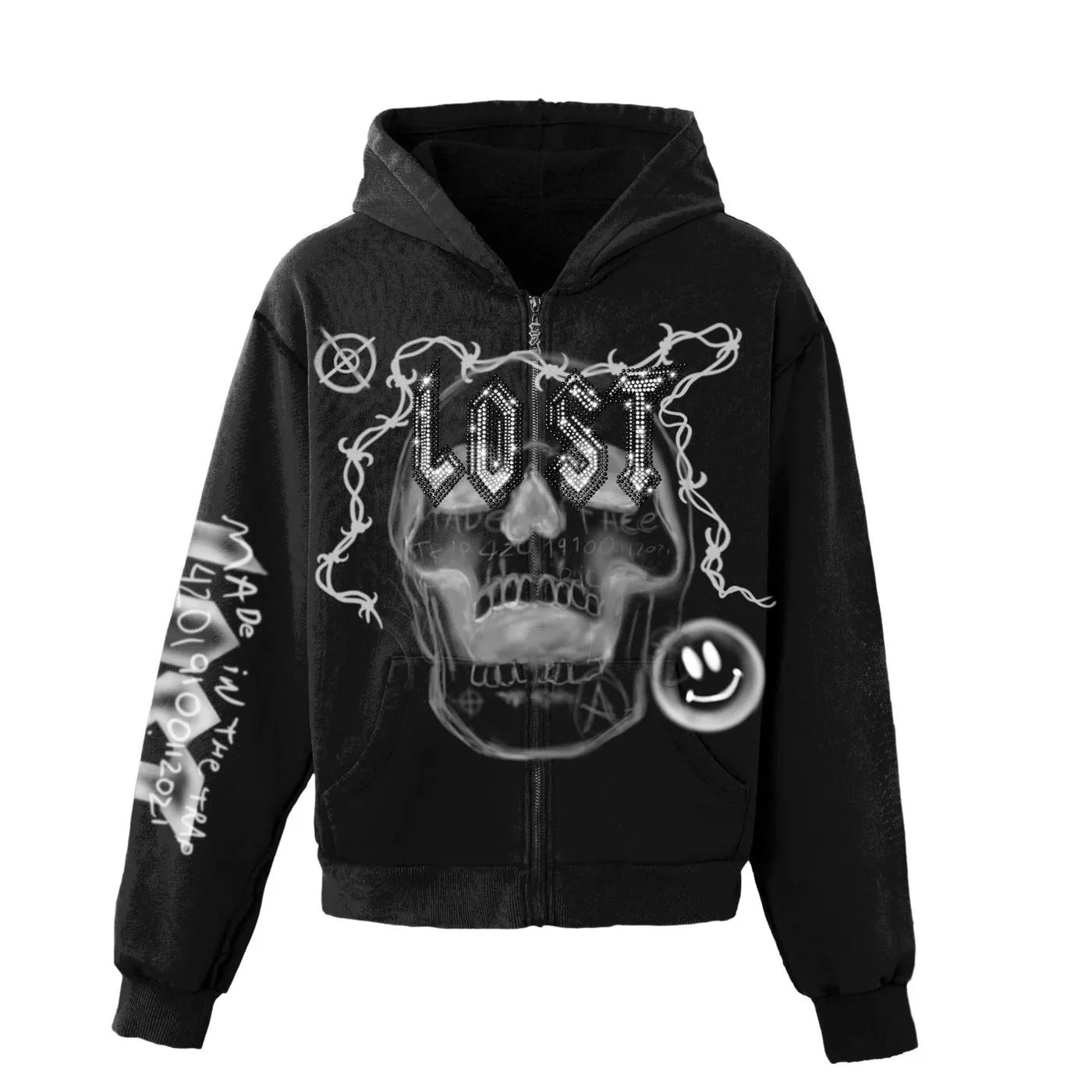 Lost Intricacy 'Skull Bound' Black Print Black Zip Up Hoodie
