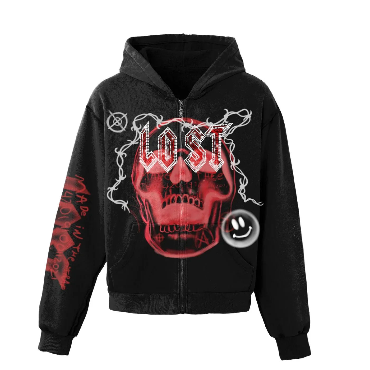 Lost Intricacy 'Skull Bound' Red Print Black Zip Up Hoodie